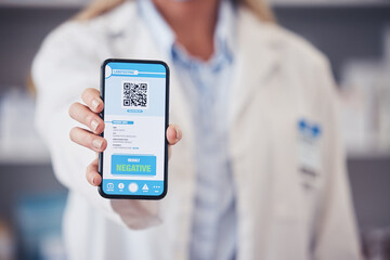Qr code, hand and phone screen for health results with an app for monkeypox safety. Healthcare,...