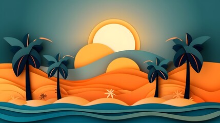 Fototapeta na wymiar Illustration of ocean view and sunset in the evening sea. Beautiful sunset seascape, paper cut and craft illustration.