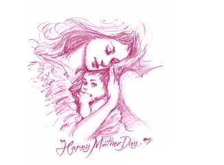 mother and son pencil drawing for card decoration illustration 