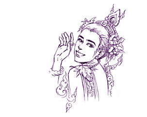 girl with flowers pen drawing for card decoration illustration