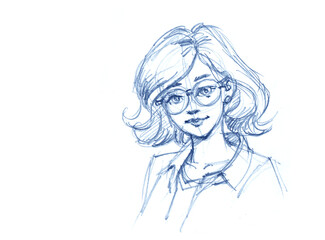 portrait of a girl wearing glasses pencil drawing for card decoration illustration