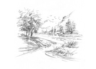 landscape with trees pencil drawing for card decoration illustration