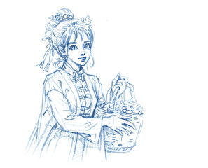 sketch of a girl with basket pencil drawing for card illustration decoration