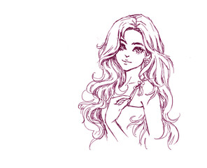 girl with long hair pen drawing for card illustration decoration