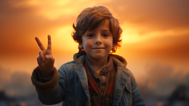 
a child-boy at sunset shows a peace sign with two fingers, created by AI
