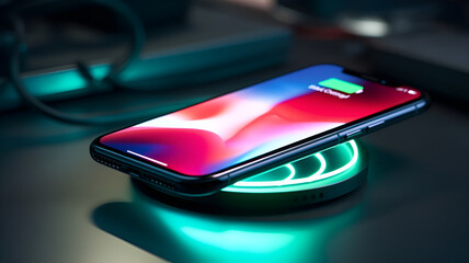 smartphone on wireless charging with green backlight, generated by AI - obrazy, fototapety, plakaty
