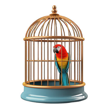 Birdcage with parrot inside isolated on white created with Generative AI