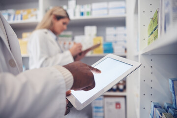 Tablet screen, person and pharmacist hands typing, scroll or search clinic database for product,...