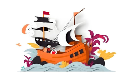 Illustration of ocean ship sunset in the evening with boat. Beautiful sunset seascape, paper cut and craft