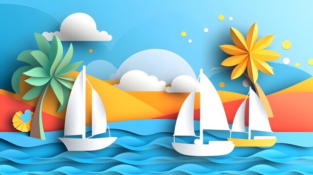 Illustration of ocean ship sunset in the evening with boat. Beautiful sunset seascape, paper cut and craft