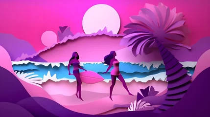Foto auf Alu-Dibond Romantic Illustration of ocean sunset in the evening with girls. Paper cut and craft style illustration. © bravissimos