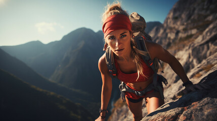 beautiful girl blonde climber climbs the mountain front view generated by AI - obrazy, fototapety, plakaty