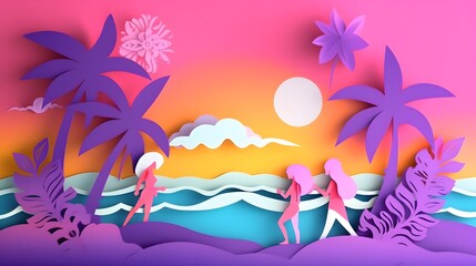 Fototapeta na wymiar Romantic Illustration of ocean sunset in the evening with girls. Paper cut and craft style illustration.