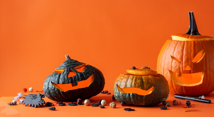 scary halloween decoration on orange background with pumpkins with faces