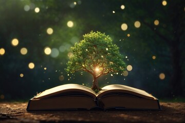 Book or tree of knowledge concept with an oak tree growing from an old open book. - obrazy, fototapety, plakaty