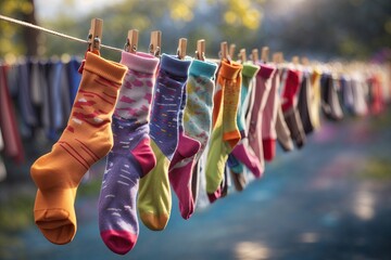 Colorful socks on washing line background - obrazy, fototapety, plakaty
