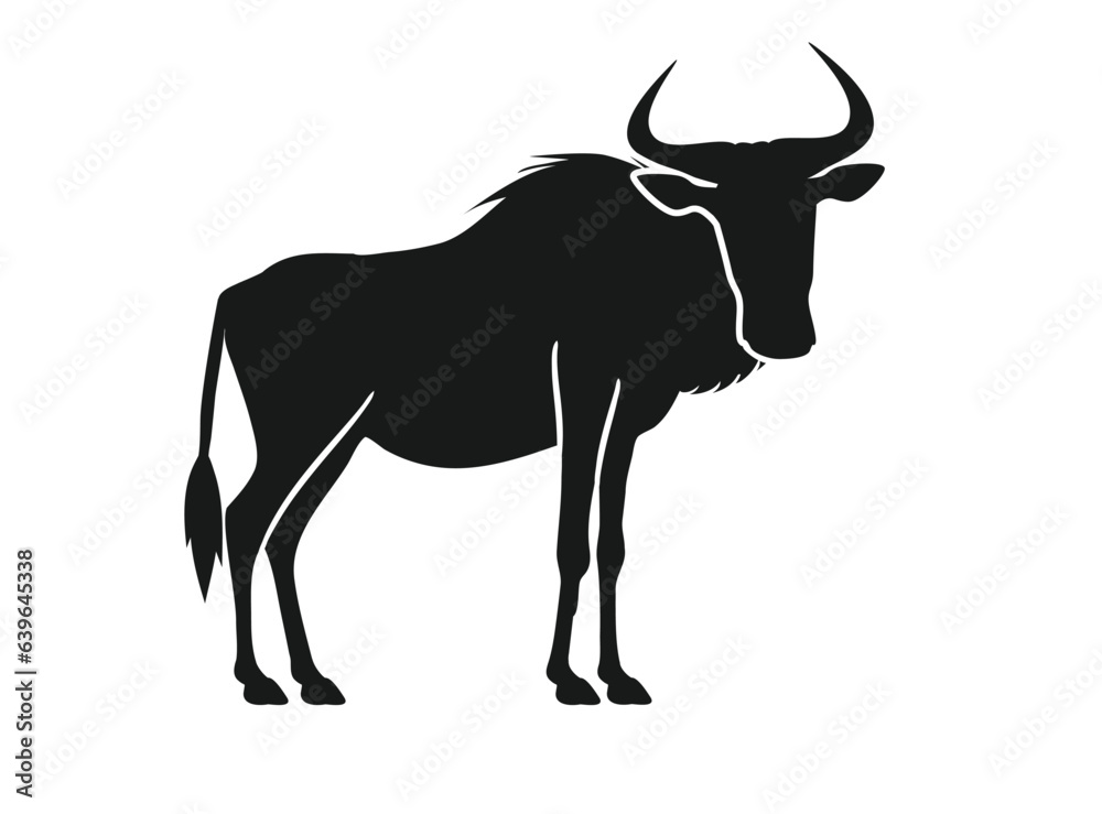 Wall mural wildebeest or gnu antelope isolated on white, black silhouette, vector illustration