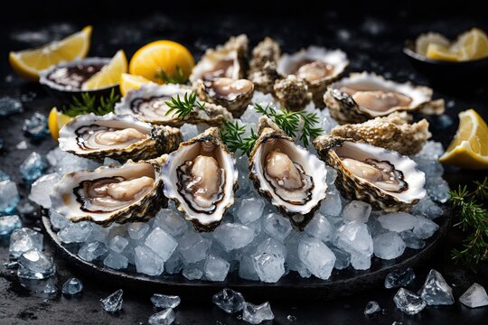 Fresh oysters with lemon's slices in ice. Restaurant delicacy. Saltwater oysters dish