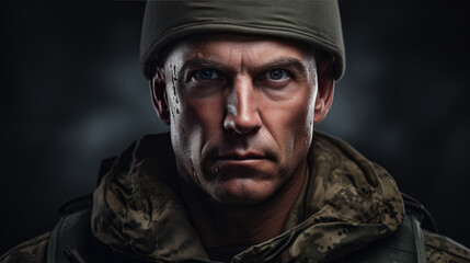Fototapeta premium Portrait of american male soldier looking at camera.