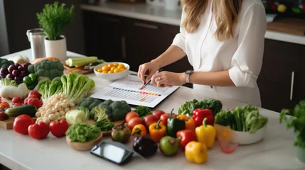 Fotobehang Woman prescribes herself a diet plan with vegetables spread out on the kitchen table. © MP Studio