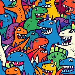 Dinosaur pattern, cute cartoon childish funny repeat dino doodles