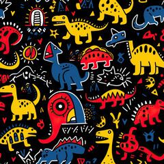 Dinosaur pattern, cute cartoon childish funny repeat dino doodles
