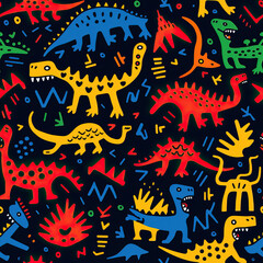 Dinosaur pattern, cute cartoon childish funny repeat dino doodles