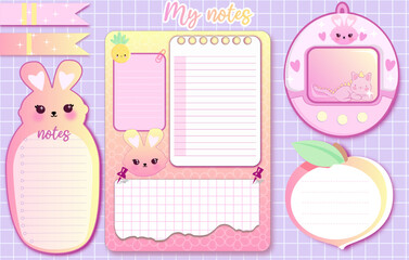 Memo pages card, lined elements sticky element,  set inspiration notepaper design printable . Pink, yellow, blue kawaii pages for tags , weekly notes 