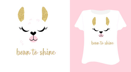 Llama illustration for t shirt born to shine cartoon style 