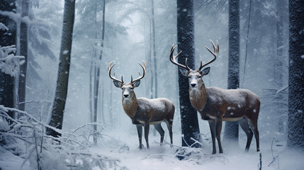 Noble deer male and female in winter snow forest looking to camera
