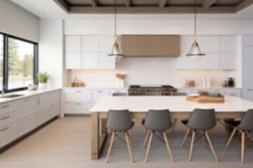 Blurred modern kitchen interior. Bright kitchen with dining table. Generative AI