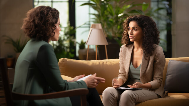 Worried Woman Patient Sitting At A Psychologist's Therapist Appointment And Telling About Mental Problems, Attentive Mature Female Doctor Is Listening And Making Notes.