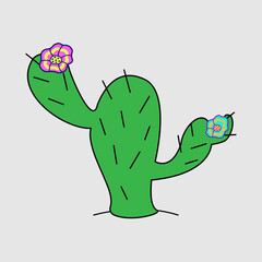 Green cactus with flowers in doodle style. Vector hand-drawn cartoon style illustration isolated on white background.