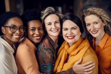 Obraz premium Group Of Five Women Of Different Races Smiling At The Camera. Diversity Equity Inclusion Belonging (Deib). Ai Generated 
