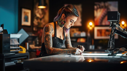 Obraz na płótnie Canvas Woman master in a tattoo parlor makes a sketch of a future tattoo