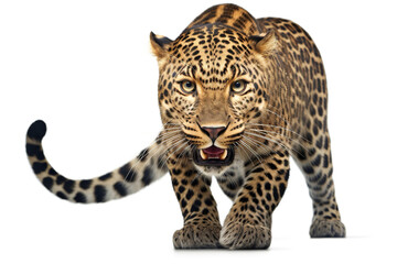 Fierce leopard isolated on white background - obrazy, fototapety, plakaty