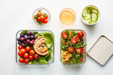 Lunchboxes with delicious food and glass of juice on white background