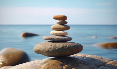 Fototapeta premium Stones balance. Pebbles pyramid on coastal background. For banner, postcard, book illustration. Created with generative AI tools