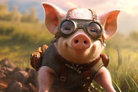 Cute pig flying with goggle