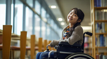 Girl student in a wheelchair in the library studying books