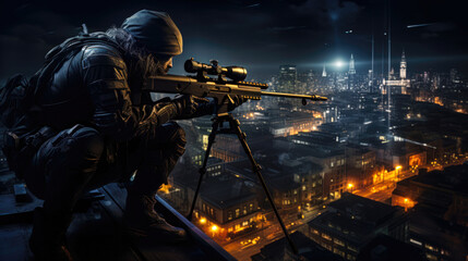 Sniper on Rooftop with Night Vision Scope in Game Art in City AI Generated
