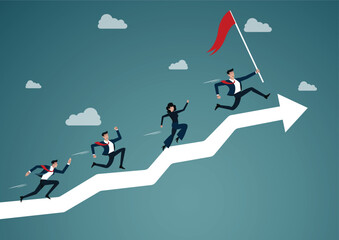 Growing to success concept, group members, team, business people running up arrow. leadership holding red flag. business growth, career path development. motivate employee, reach target, vector.