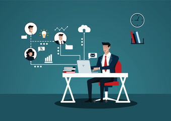 Connecting and communication together, working online computer laptop. business people chatting, meeting, discussing work. using modern technology concept. flat vector illustration.