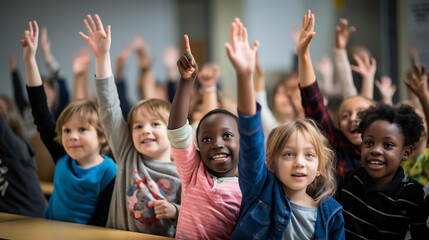 School children in classroom at lesson raising their hands.Created with Generative AI technology.