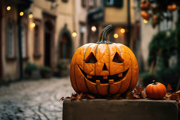 Fototapeta premium Halloween pumpkin in the old town background.