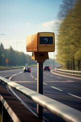 Generative AI illustration of radar camera on the road to control speed and traffic