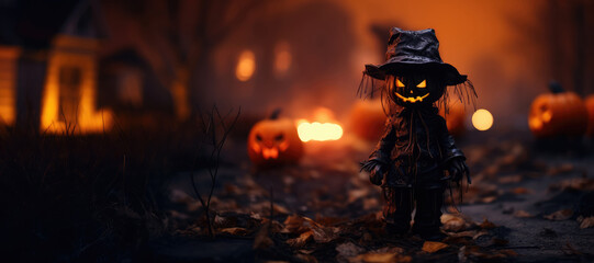 Halloween concept. Scary little scarecrow in hat and standing in front of pumpkins at night. Selective focus