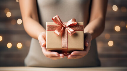 Woman holding a wrapped gift - obrazy, fototapety, plakaty