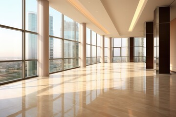 A beautiful modern spacious office hall with panoramic window
