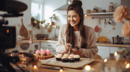 Pretty female food blogger working on a new video and explaining how to cook a dish